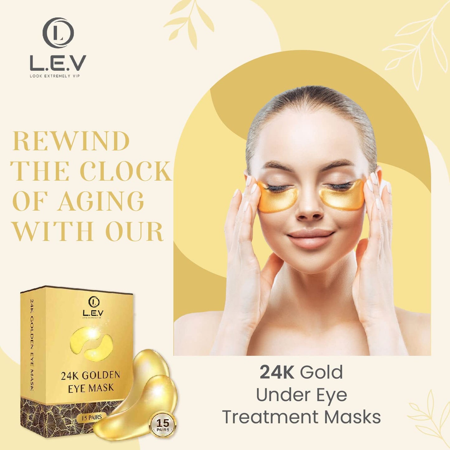 Look extremely vip LEV - 24K Gold Eye Mask for Puffy Eyes & Dark Circles - Refreshing Treatment to Reduce Fatigue, Wrinkles, and Puffiness - 15 Pairs of Eye Mask Skincare