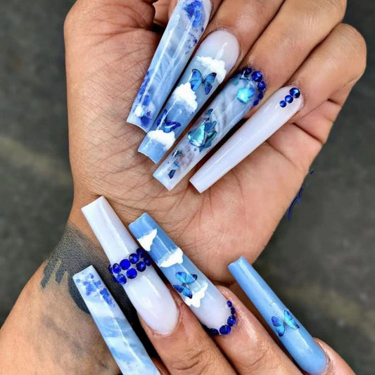 Butterfly Press on Nails Long Coffin Glue on NailsBlue Full Cover False Nails with Rhinestones Designs Glitter Fake Nails Spring Acrylic Nails Glossy for Women Artificial Nails 24Pcs