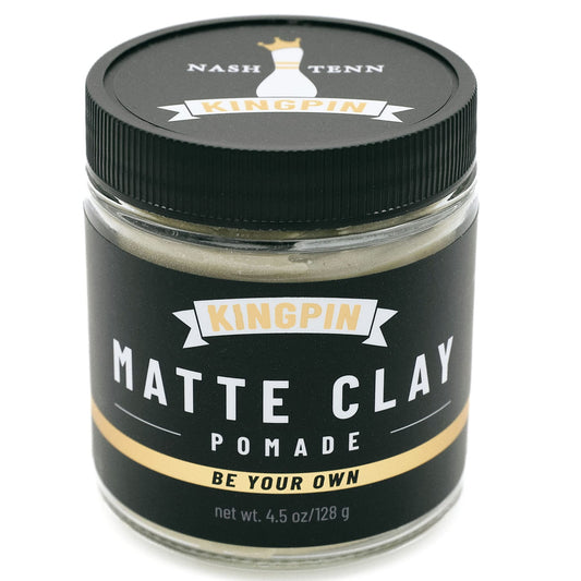 KINGPIN Matte Clay Pomade Hydrating hair clay for men. Medium, flexible hold and natural matte finish. Never flakes or hardens, fresh clean scent. Great for all hair types 4.5 oz.