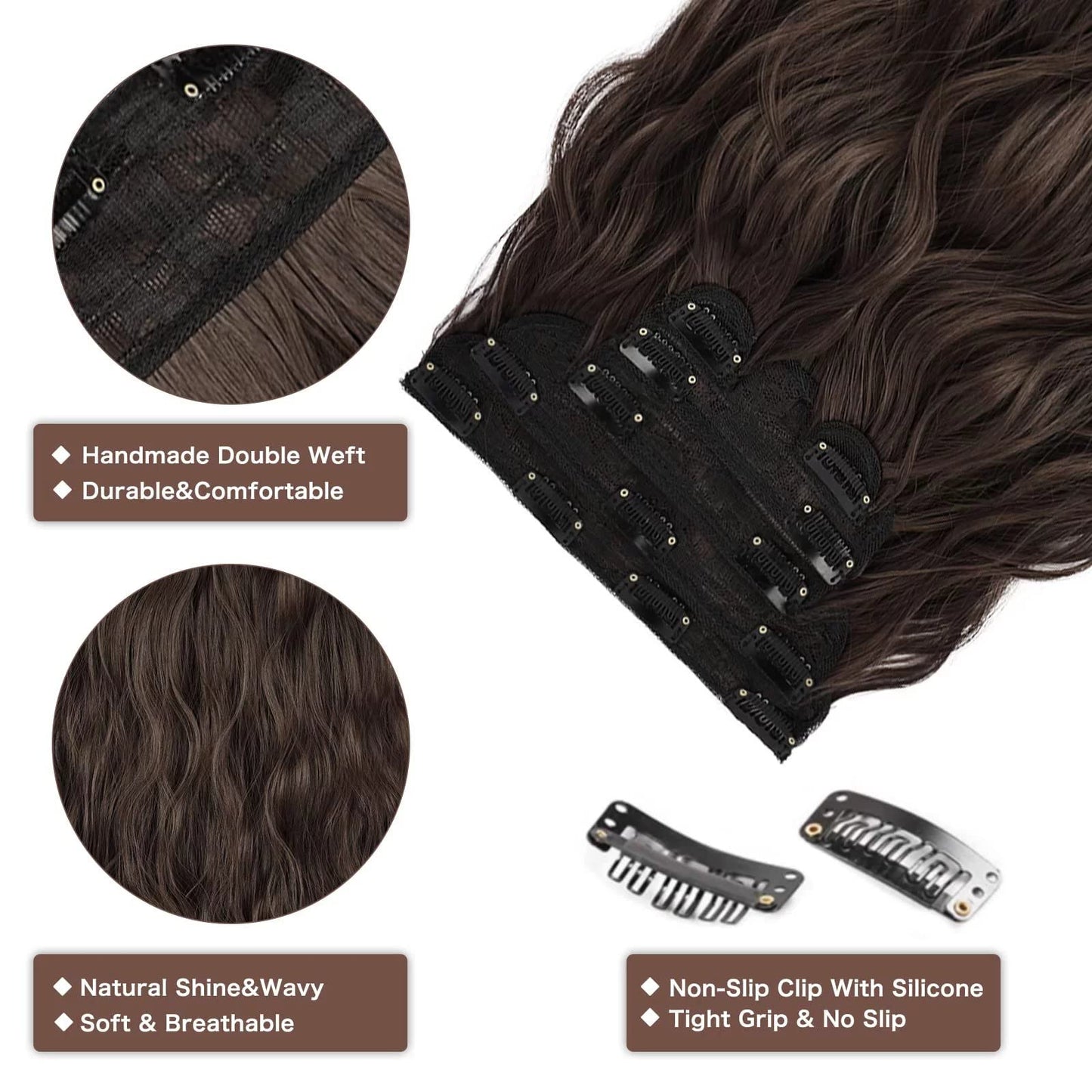 Bilisar Clip In Hair Extensions 20 Inch 4pcs Long Wavy Curly Brown Hair Extensions Synthetic Fiber Double Weft Soft Hairpieces For Women Full Head