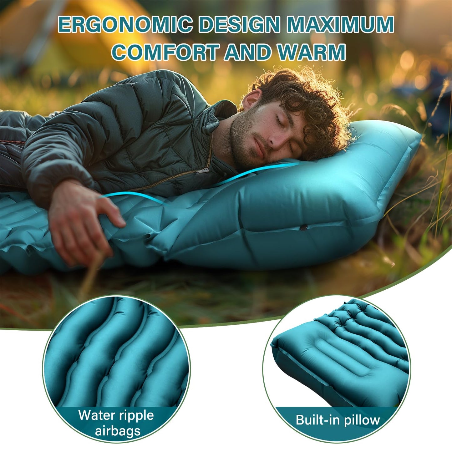 Camping Sleeping Pad, Ultralight Camping Mat with Pillow Built-in Foot Pump Inflatable Sleeping Pads Compact for Camping Backpacking Hiking Traveling - Dark Green