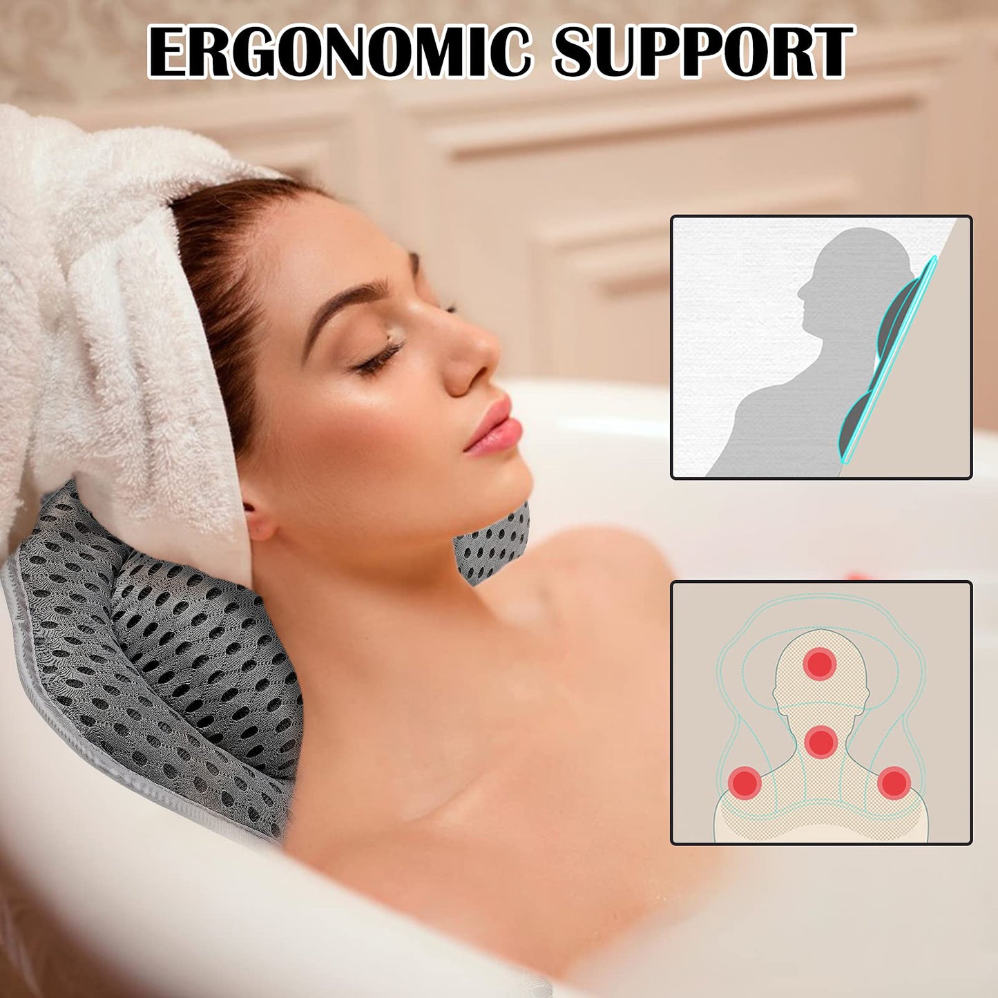 Bath Pillow Spa Bathtub Pillow with Non-Slip Suction Cups, Head, Neck, Back & Shoulder Rest Support, Soft & Luxury Bathtub Cushion, Bath Pillow Fit Hot Tub, Bathtub (Grey 4D Luxury Bath Pillow)