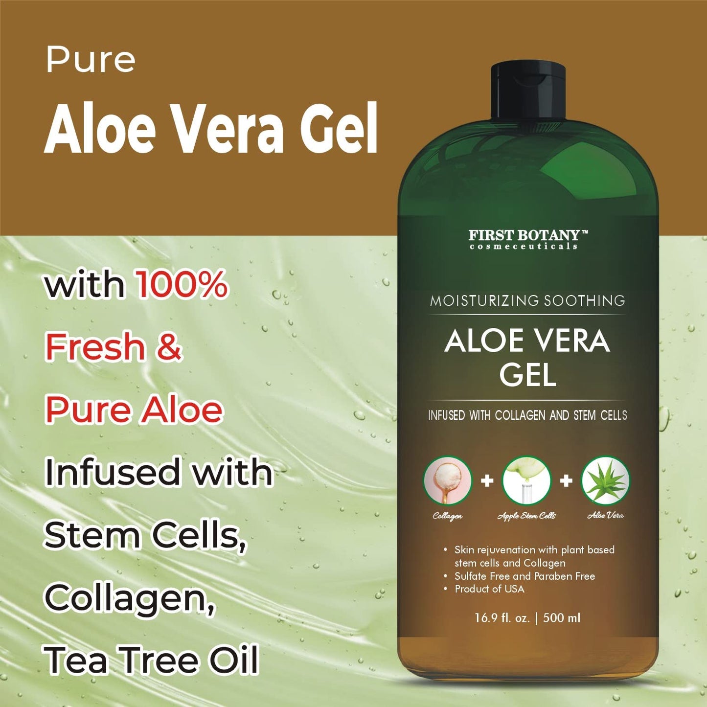 First Botany, Pure Aloe vera gel 100% Fresh Pure Aloe Infused with Stem Cells, Collagen Tea Tree Oil Natural Raw Moisturizer for Face Skin Body Hair Perfect for Sunburn, Acne, Razor Bumps 16.9 fl oz