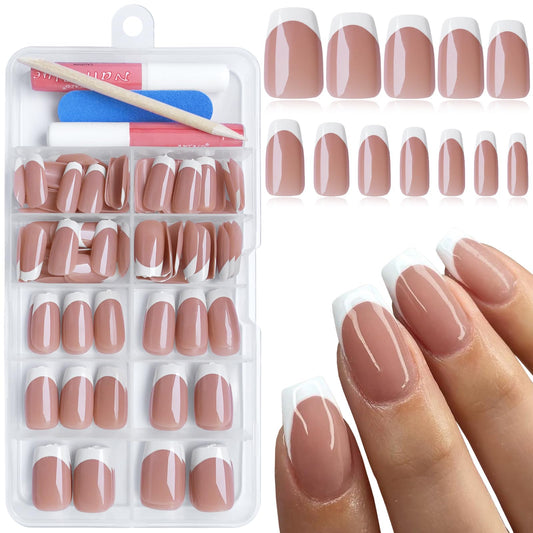 Bellelfin 120Pcs Short French Tip Press on Nails, Coffin Nude Fake Nails French Tip Full Cover False Nail Glossy Acrylic Nails Press on French Glue on Nails for Women Girls Artificial Fingernails