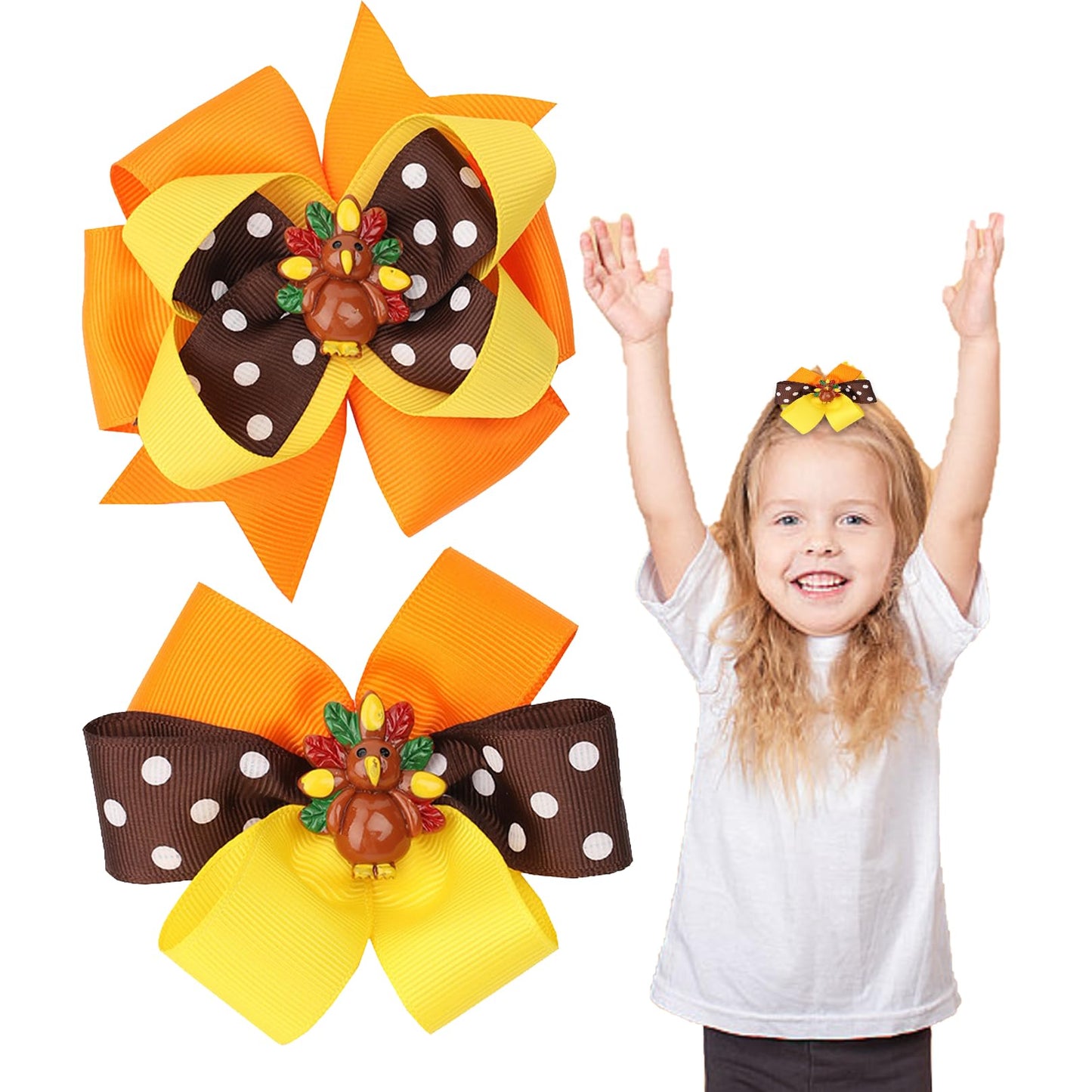 Thanksgiving Hair Bows for Toddler Baby Girls - 2Pcs Orange Yellow Brown Autumn Bow Hair Clips Alligator Hair Barrettes Cute Turkey Grosgrain Hairpin Thanksgiving Hair Accessories for Kids Girls Gifts