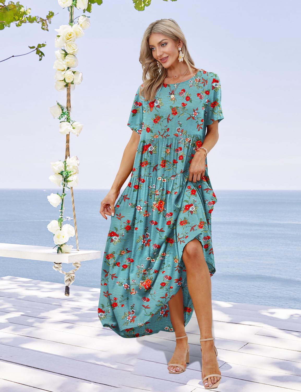 YESNO Women Casual Loose Bohemian Floral Dress with Pockets Short Sleeve Long Maxi Summer Beach Swing Dress S EJF CR14