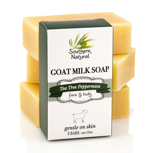 Southern Natural Goat Milk Soap Bar (3 Pack - Tea Tree Peppermint) For Dry, Sensitive Skin. Natural Handmade Soap For Men, Women and Kids. Great For Face & Body.