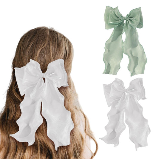 papasgix Hair Bow Clips: Solid Color Silk Ribbons with Big Bows for Women and Girls (2, White+Green)