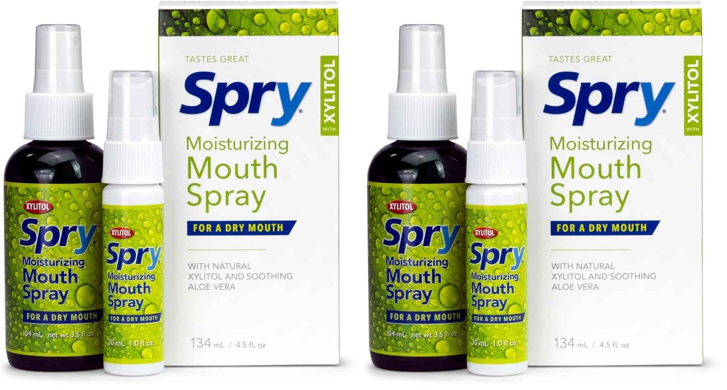 Spry Natural Xylitol Moisturizing Dry Mouth Spray, Stop Bad Breath, Increase Saliva Production, Non-GMO, Gluten-Free On The Go Oral Care with Spearmint Flavor, 4.5 fl.oz (Pack of 2)