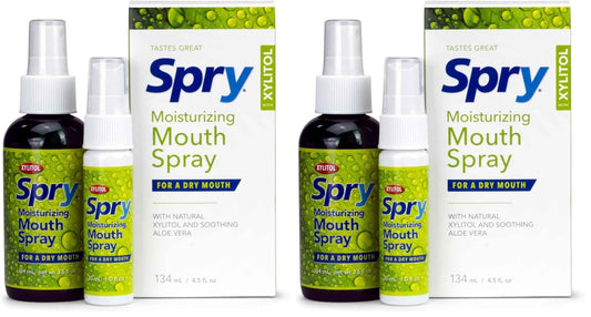 Spry Natural Xylitol Moisturizing Dry Mouth Spray, Stop Bad Breath, Increase Saliva Production, Non-GMO, Gluten-Free On The Go Oral Care with Spearmint Flavor, 4.5 fl.oz (Pack of 2)