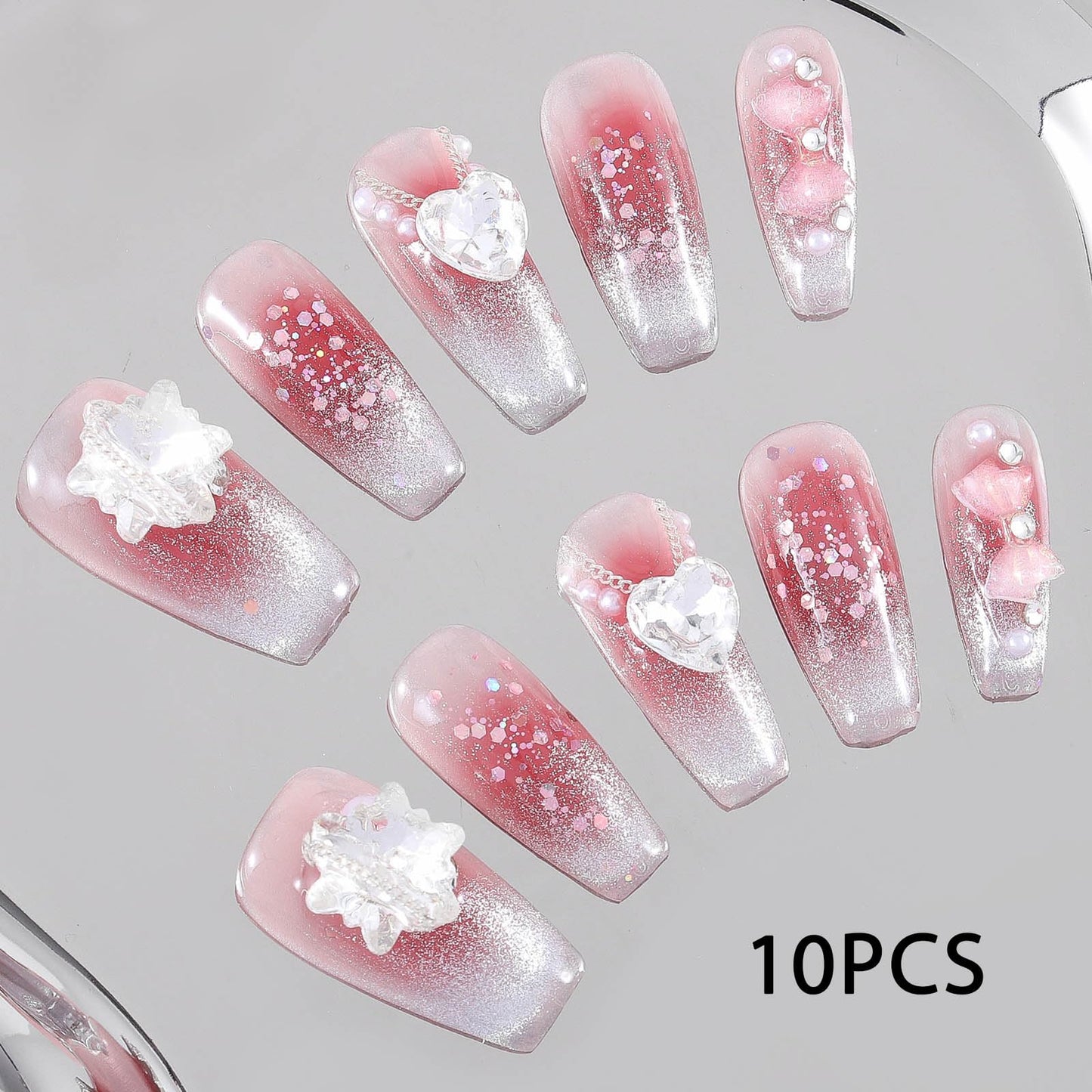 Sethexy French Cat Eye Handmade Press On Nails Pink Gradient Long Coffin Rhinestone Fake Nails Acrylic Salon False Nail for Women and Girls 10PCS (Pink2)