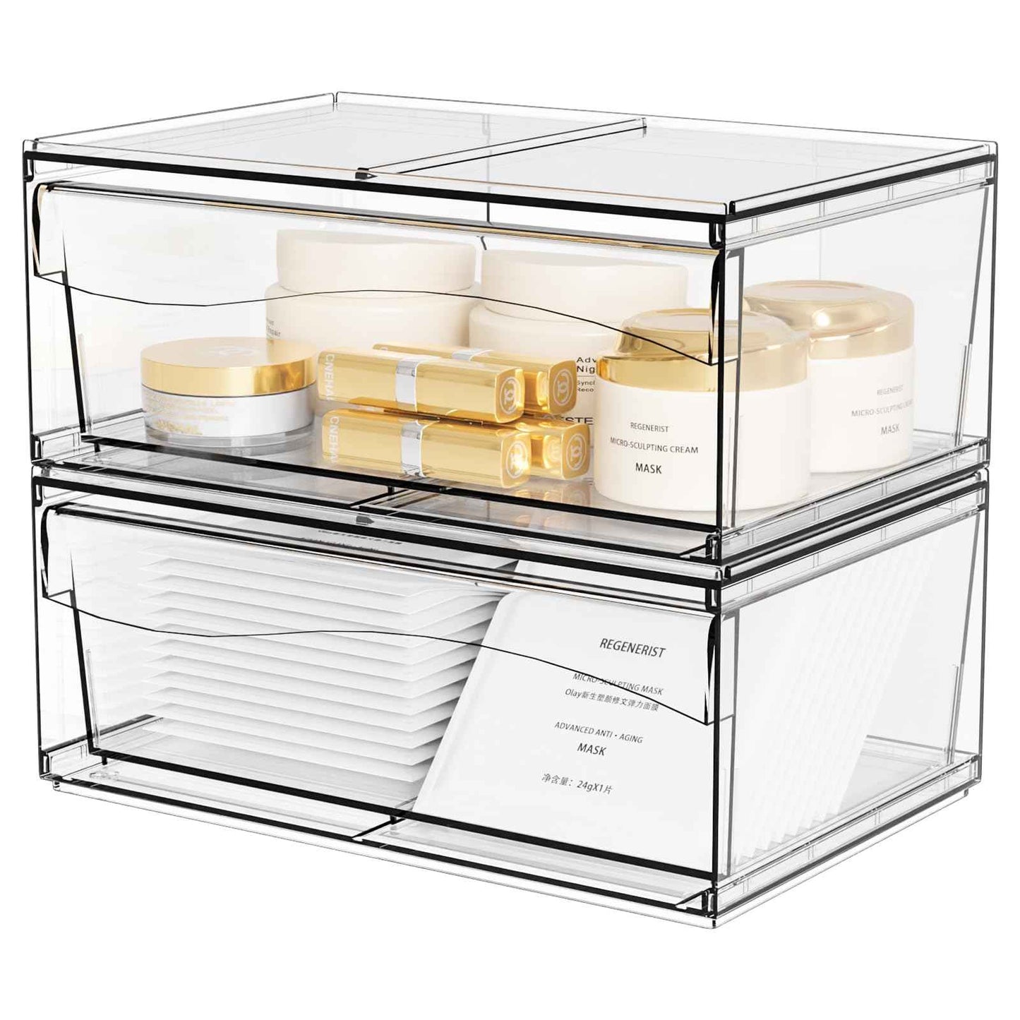 2 Pack Clear Stackable Storage Drawers,12"W Large Bathroom Makeup Organizer and Pen,Sunglass,Medicine,Baby Bottle Organizer,Plastic Pull Out Storage Bins,for Desk,Under Cabinets,Vanity Countertop