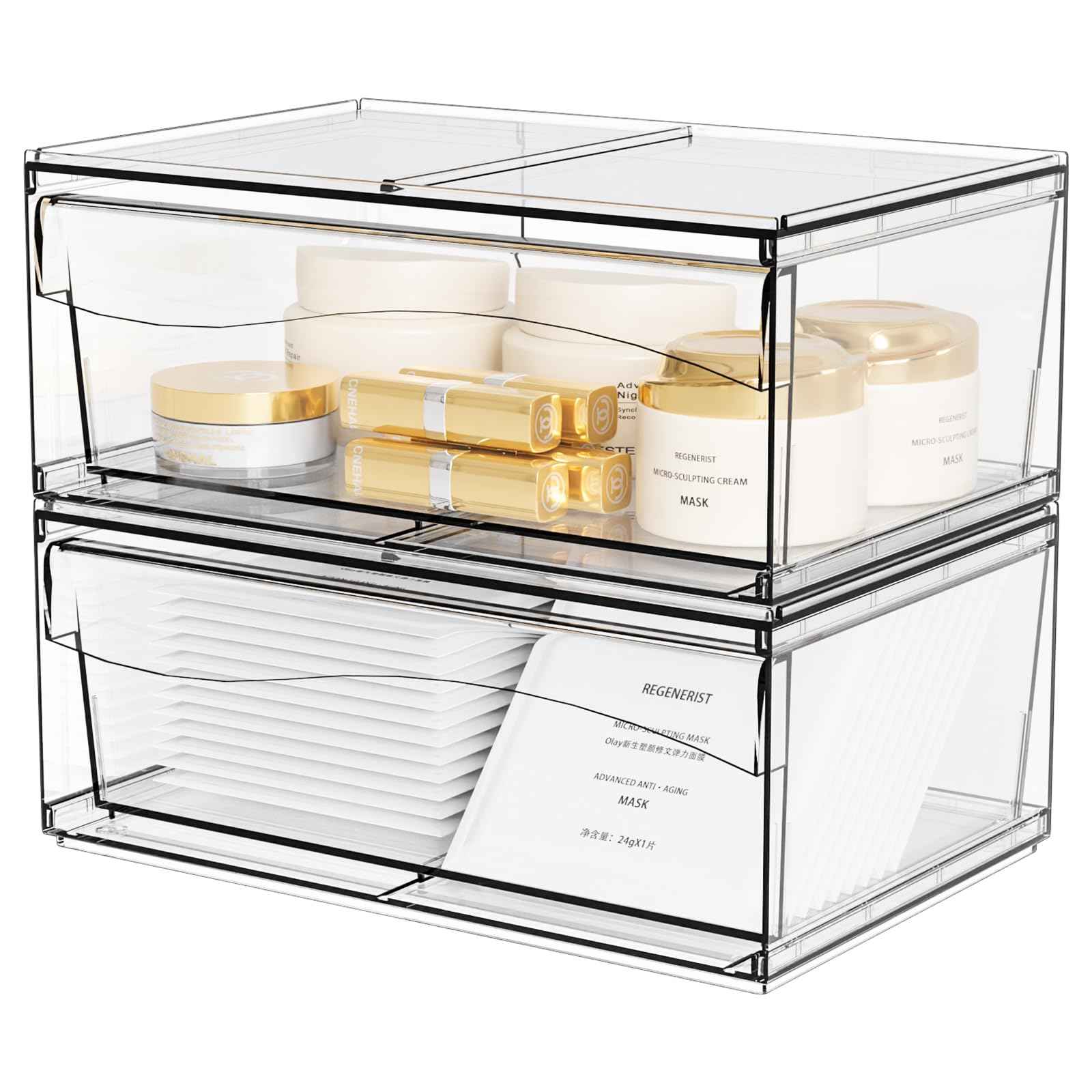 2 Pack Clear Stackable Storage Drawers,12"W Large Bathroom Makeup Organizer and Pen,Sunglass,Medicine,Baby Bottle Organizer,Plastic Pull Out Storage Bins,for Desk,Under Cabinets,Vanity Countertop