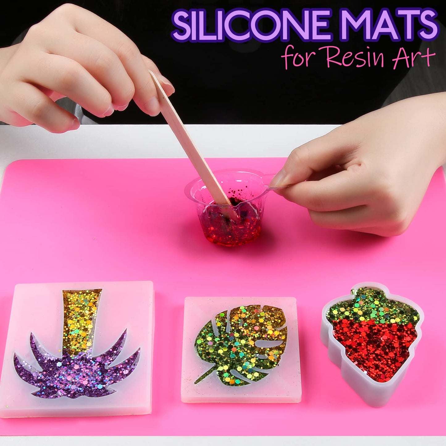 LEOBRO Silicone Mat, Silicone Mats for Crafts, 2pcs Silicone Mat for Jewelry Resin Molds, Silicone Mats for UV Resin, Resin Molds, DIY Art Crafts, Hot Pink & Light Purple, 11.69" x 8.26"