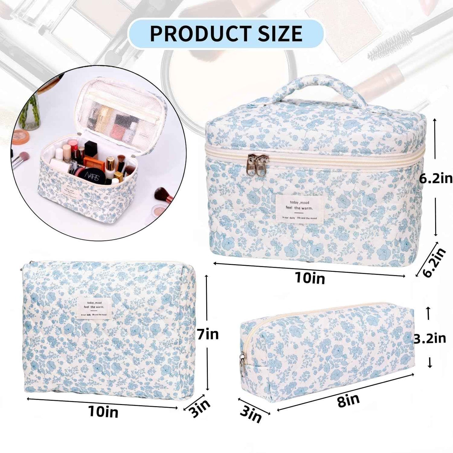 PGAXM 3PCS Makeup Bag,Quilted Cosmetic Bag,Large Floral Makeup Bag for Women,Cute Cotton Cosmetic Bag Set,Travel Toiletry Bag For Women