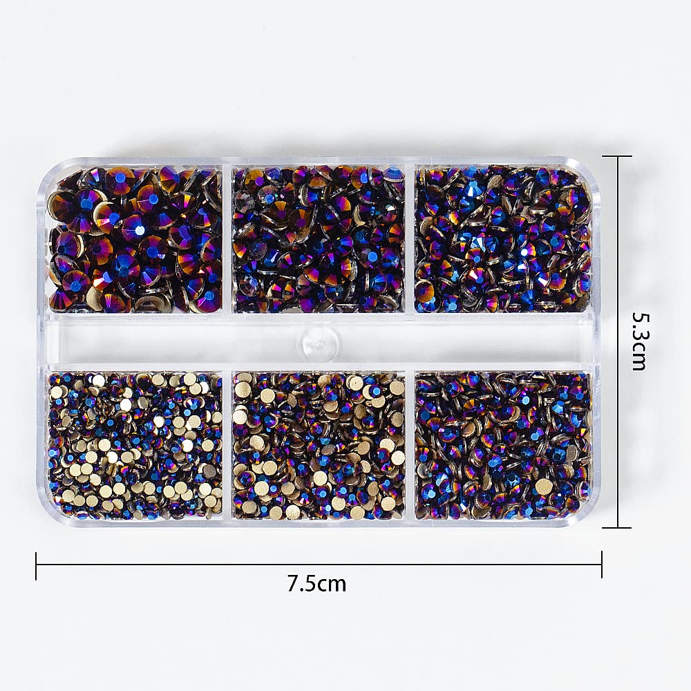 6Grids 3000Pcs Flatback Rhinestones , Phantom Purple Nail Gemstones Crystals Jewels, Craft Glass Diamonds Stones Bling Rhinestone with Tweezers and Picking Pen For Nail Face Makeup(1.8mm~4mm Crystal)