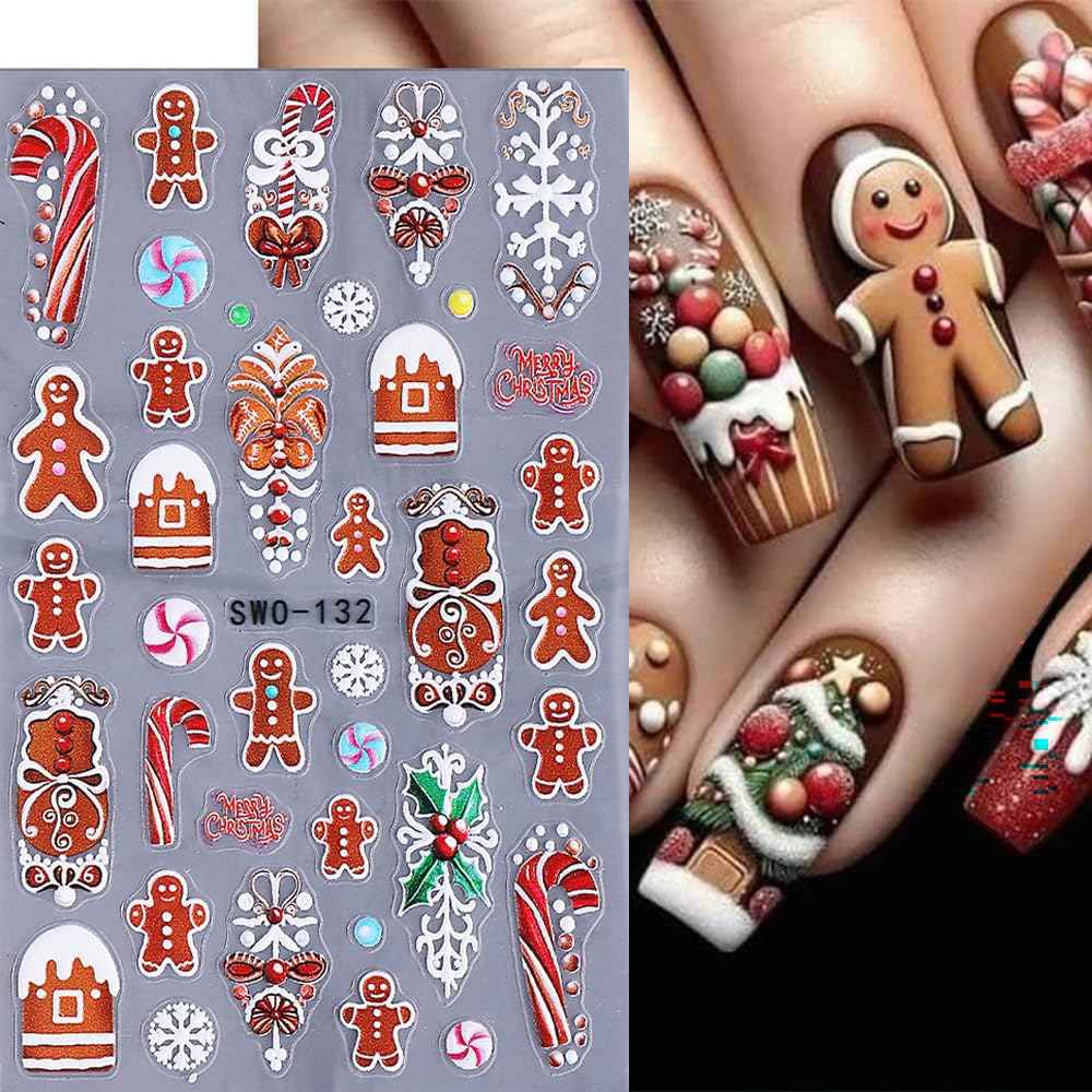Christmas Nail Stickers 5D Embossed Christmas Tree Snowman Nail Art Stickers Snowflake Nail Decals Self-Adhesive Santa Claus Gingerbread Man Design Sticker Holiday Nail Art Decoration for Women 4Pcs