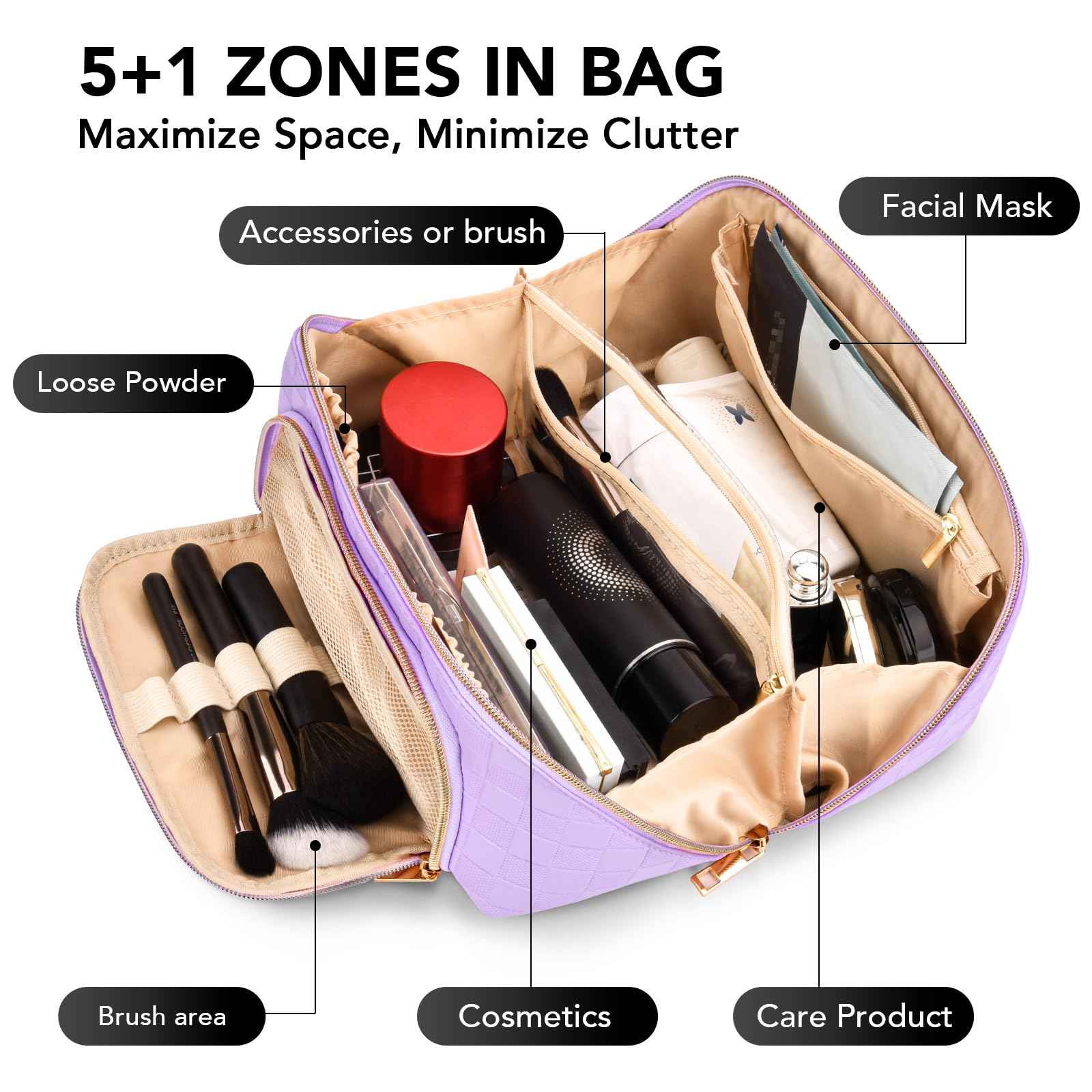 Travel Makeup Bag for Women, Large Capacity PU Leather Waterproof Checkered Cosmetic Bags, Portable Pouch Open Flat Toiletry Bag, Make up Organizer with Divider and Handle, Purple