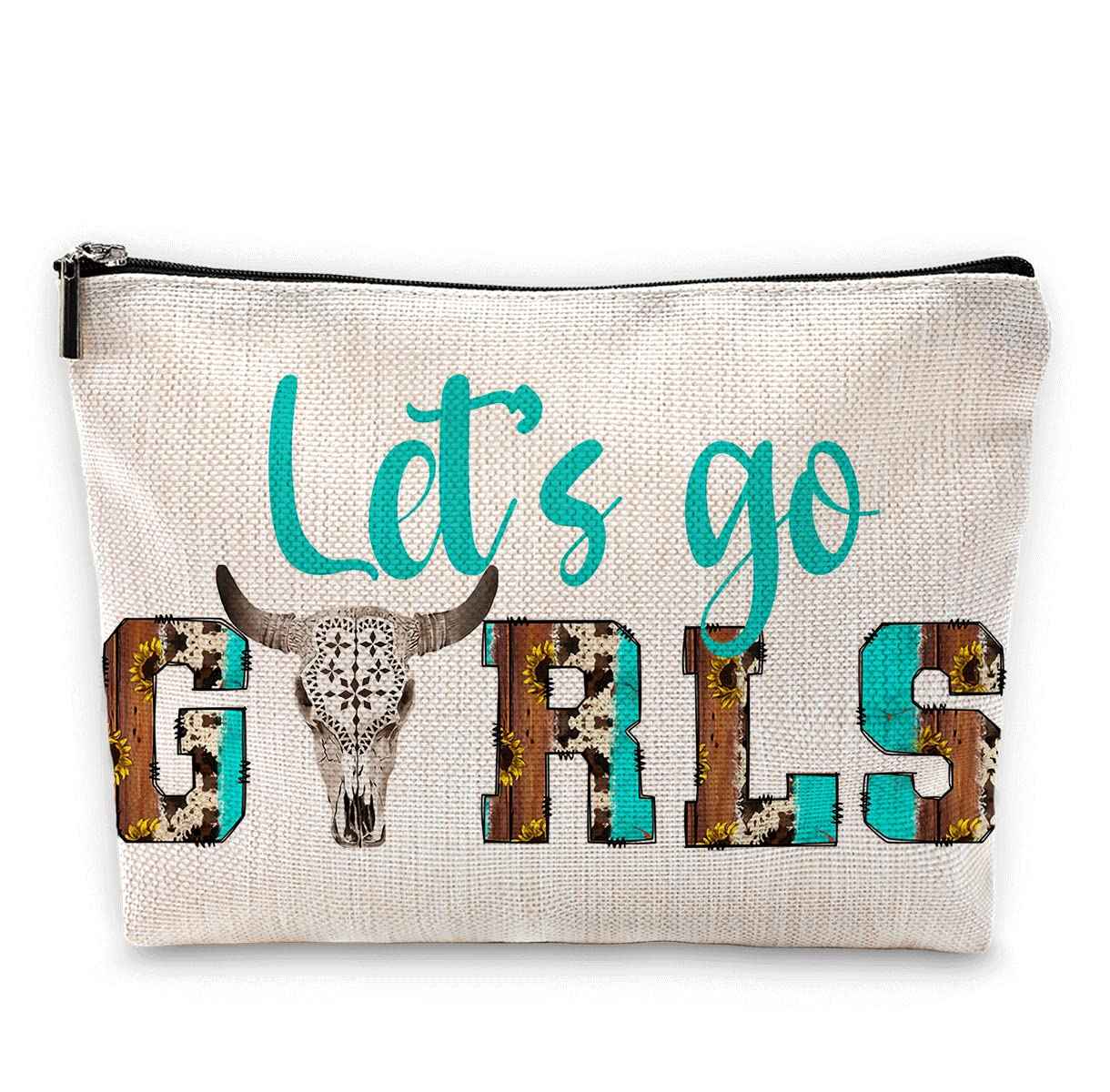 Sufamb Let's Go Retro Western Country Bull Skull Makeup Bag, Cowgirl Cosmetic Pouch for Women, Christmas & Birthday Gift for Teen Girls