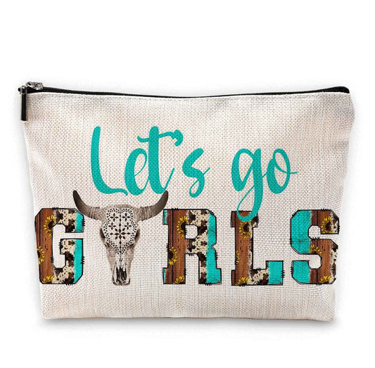 Sufamb Let's Go Retro Western Country Bull Skull Makeup Bag, Cowgirl Cosmetic Pouch for Women, Christmas & Birthday Gift for Teen Girls
