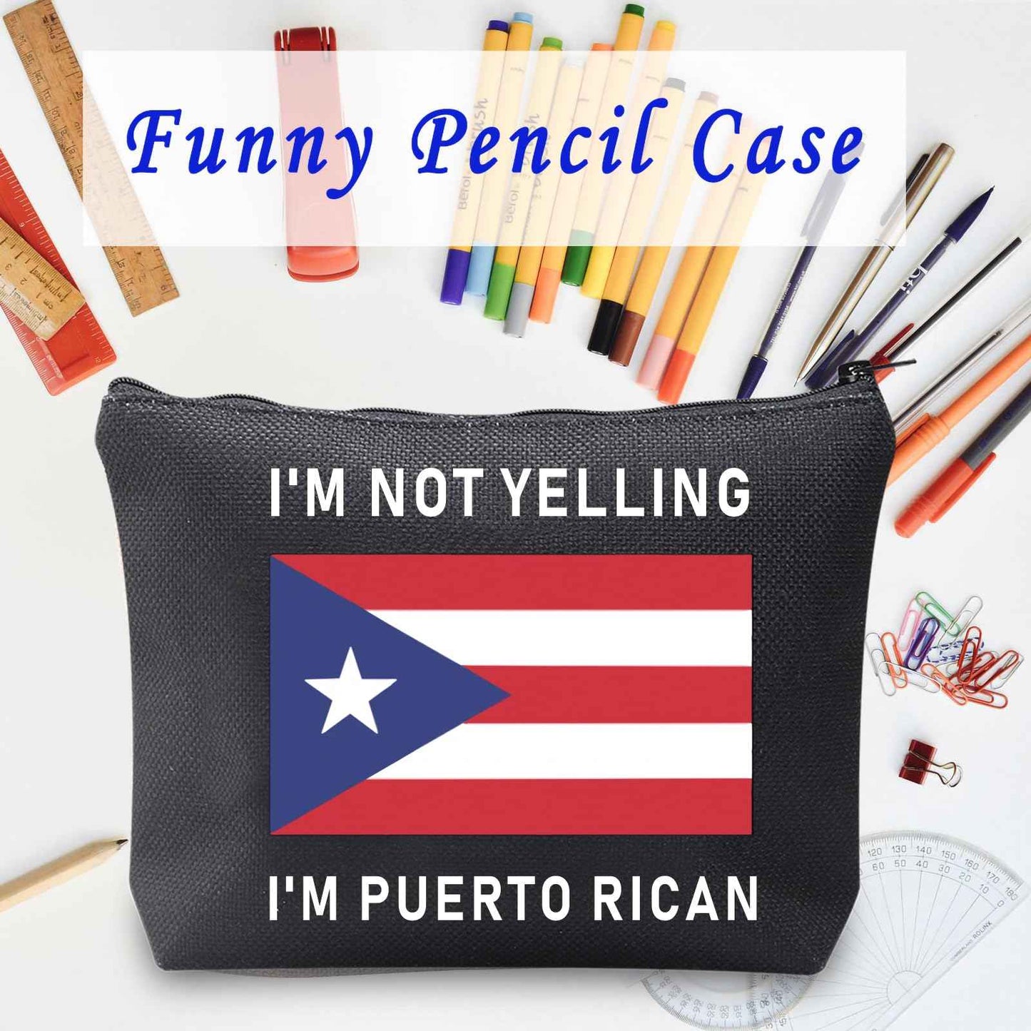 LEVLO Funny Puerto Rico Cosmetic Bags Souvenirs I'm Not Yelling I'm Puerto Rican Makeup Bags Puerto Rican Root Flag Travel Gifts (Puerto Rican+black)