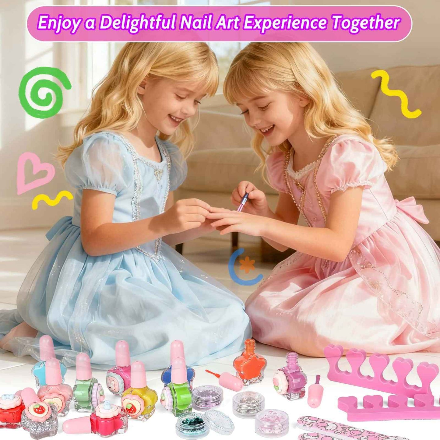 Kids Nails and Nail Polish for Girls, 144 Mini Press On for Kids, 12 Non-Toxic Nail Polish, Dryer, Gems Stickers, Cute Nail Stuff Gift for Girls Age 8-12