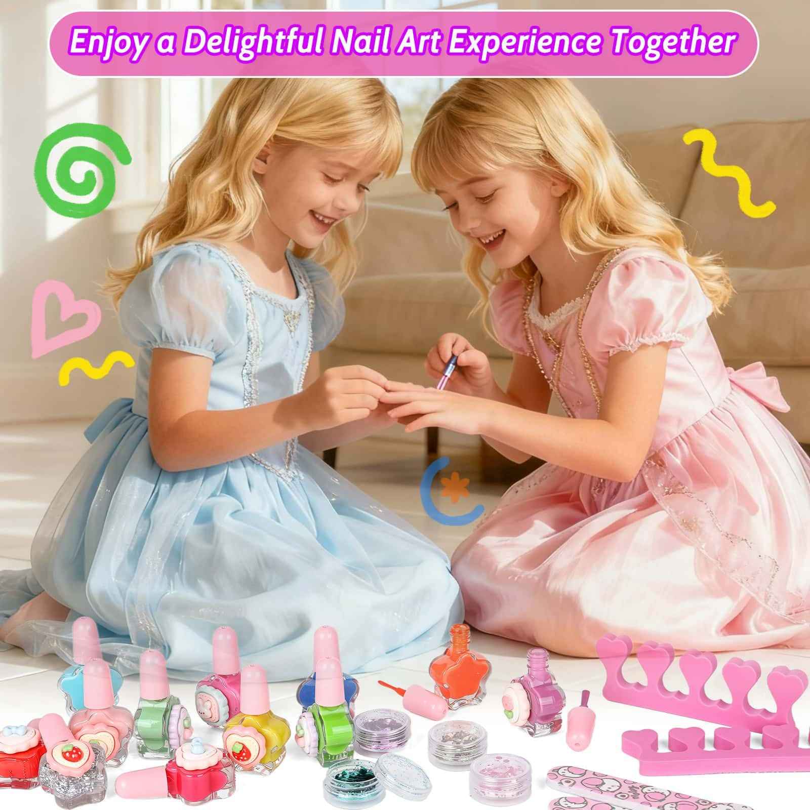 Kids Nails and Nail Polish for Girls, 144 Mini Press On for Kids, 12 Non-Toxic Nail Polish, Dryer, Gems Stickers, Cute Nail Stuff Gift for Girls Age 8-12