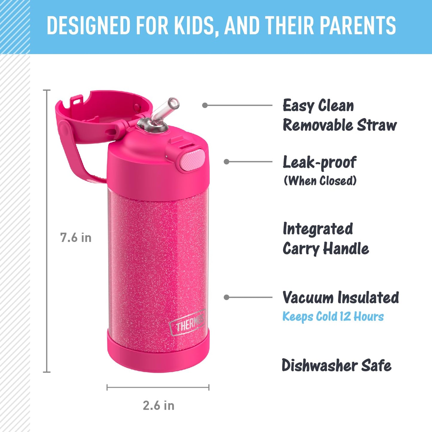 THERMOS FUNTAINER Water Bottle with Straw - 12 Ounce, Pink Glitter - Kids Stainless Steel Vacuum Insulated Water Bottle with Lid