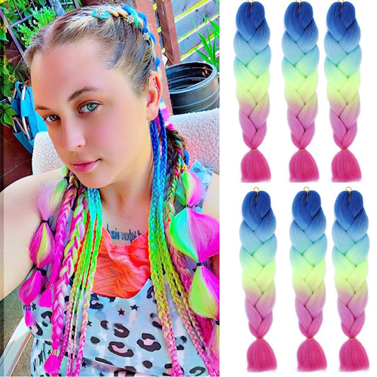 Ombre Braiding Hair Colorful 24 Inch Kanekalon Hair Extension Braid Hot Water Setting High Temperature Synthetic Fiber(E7-6 Packs)