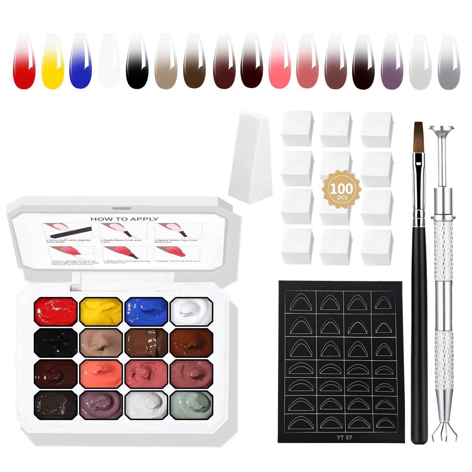 Finger Secret 16 Colors Ombre Gel Nail Polish Set,Ombre Color Palette Pat Painting Gel Polish with 100Pcs Nail Sponges for Gradient Gels Nail Art Patting in Salon or Home Use