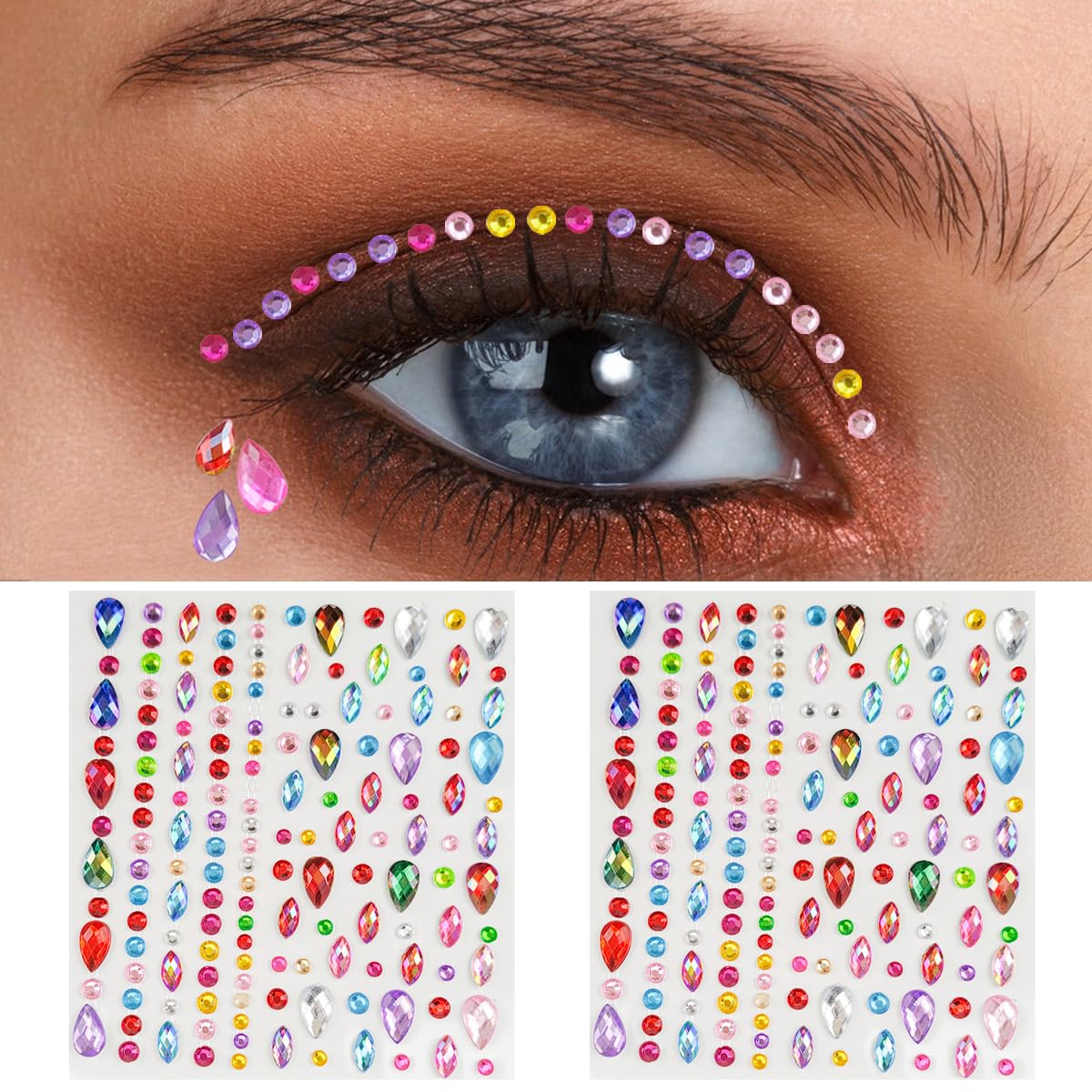 2PCS Face Gems Eye Jewels Stickers Self Adhesive Rhinestones Gems Crystals Pearls Decal Rainbow Rhinestone for Makeup Hair Body Stick Gems for Women Festival Accessory and Nail Art Decoration