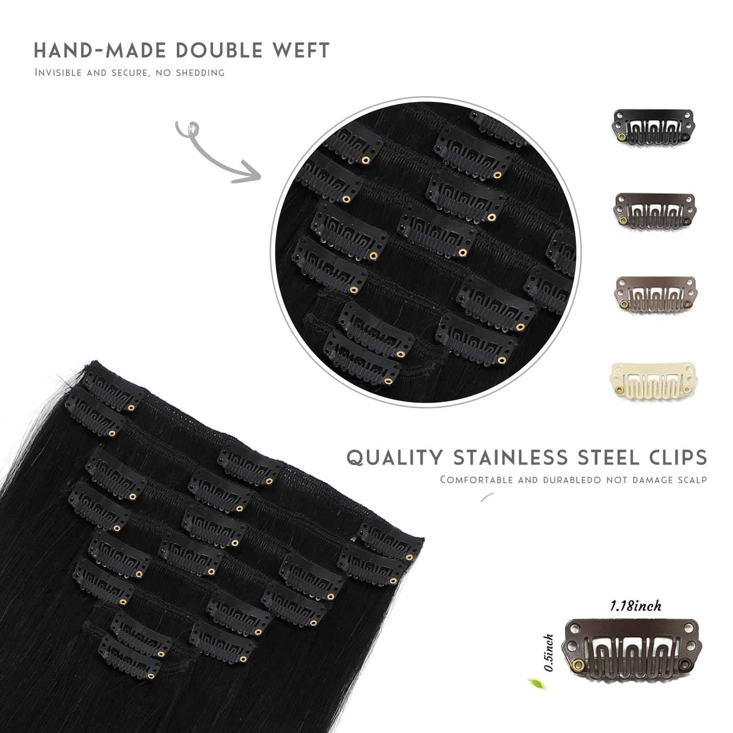 Clip in Hair Extensions Real Human Hair, Clip in 100% Brazilian Remy Human Hair Extension for Women, Double Weft 8pcs Per Set with 18 Clips