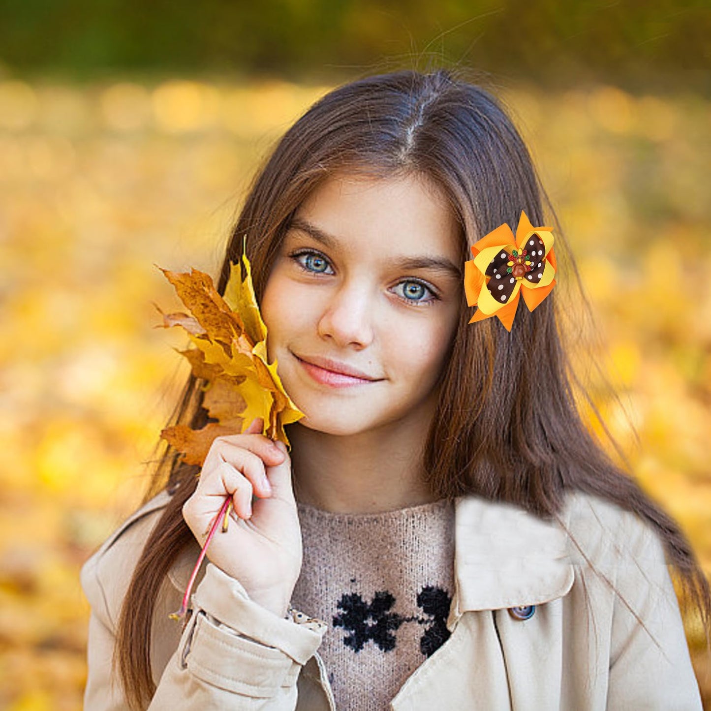 Thanksgiving Hair Bows for Toddler Baby Girls - 2Pcs Orange Yellow Brown Autumn Bow Hair Clips Alligator Hair Barrettes Cute Turkey Grosgrain Hairpin Thanksgiving Hair Accessories for Kids Girls Gifts