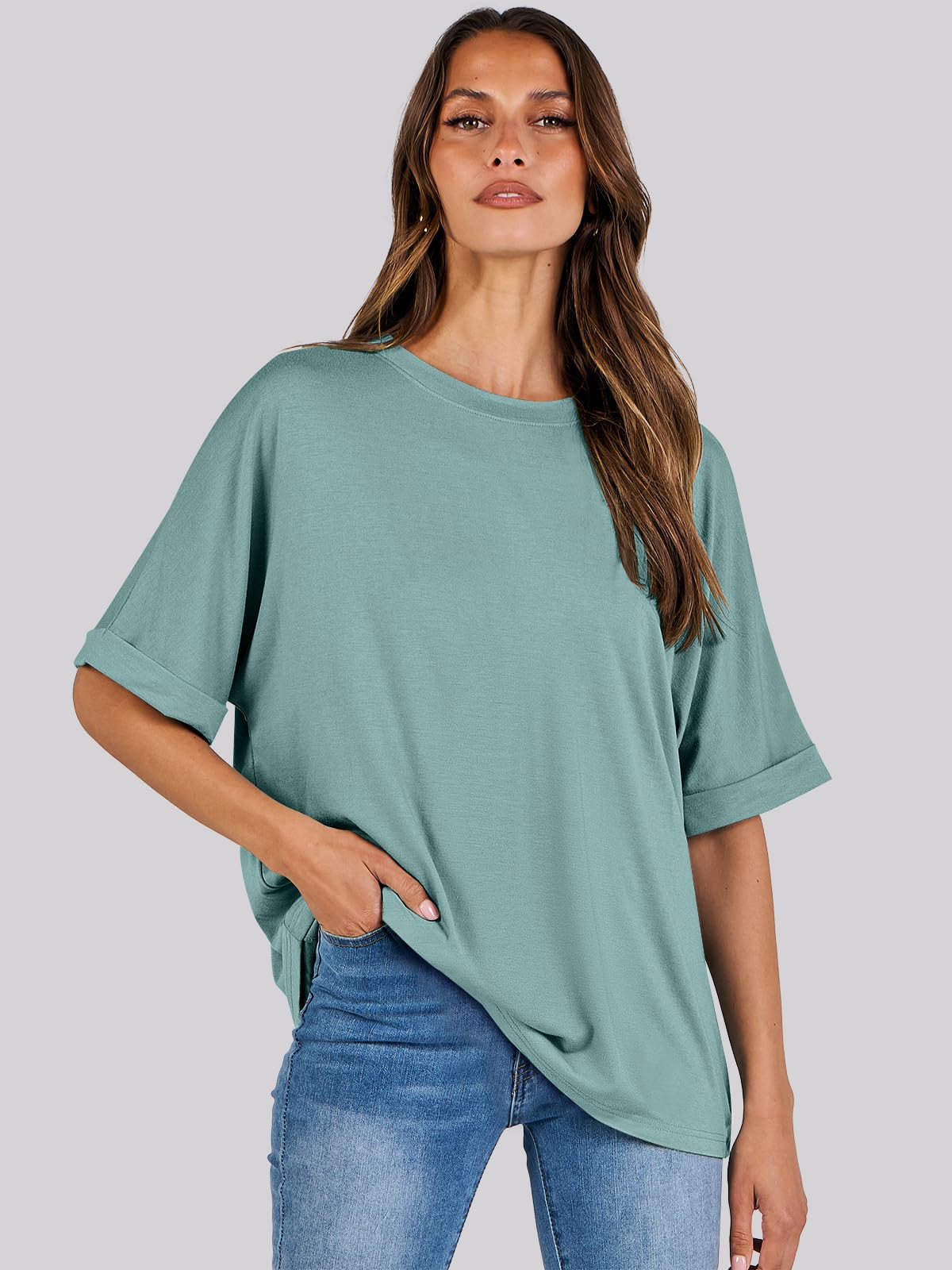 ANRABESS Women's Oversized T Shirts Short Sleeve Crewneck Summer Tops Casual Loose Basic Tee Shirts 2024 Trendy Clothes Cadet Blue Small