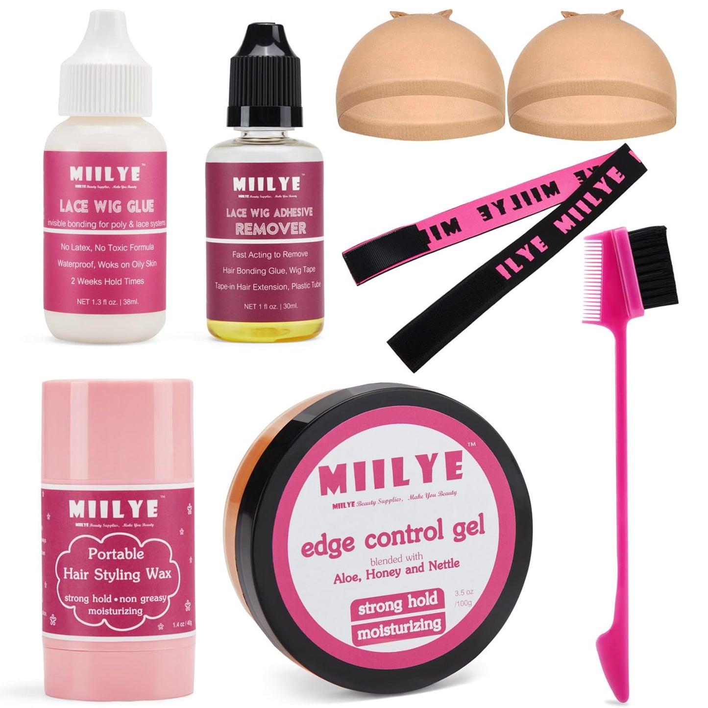 MIILYE Lace Wig Glue and Hair Styling Wax Gel Combo Pack Wig Install Kits, Wig Glue for Front Lace Wig and Remover, Edge Control Gel 3.5oz, Hair Wax Stick, Wig Band, Wig Caps and Edge Brush