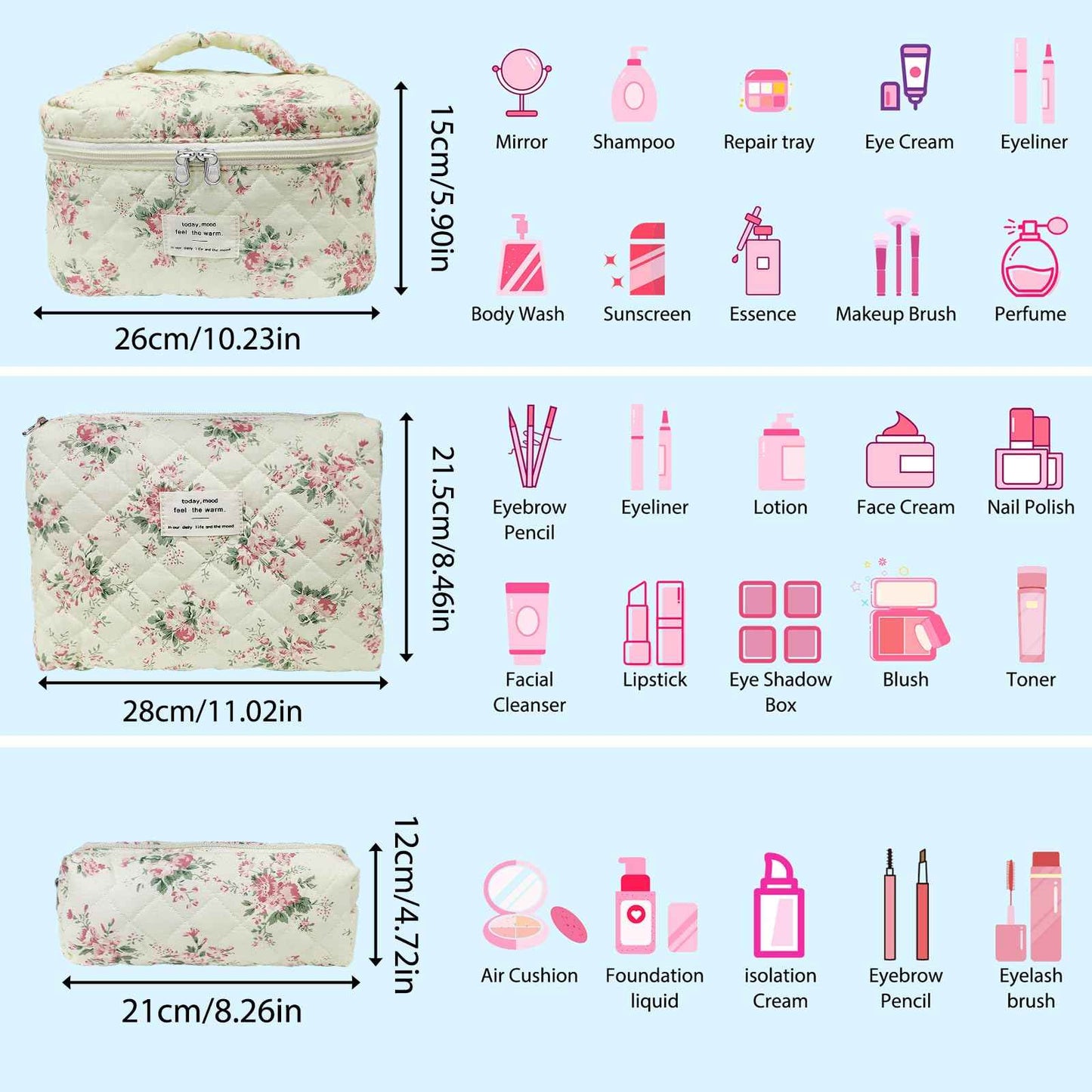 Quilted Makeup Bag, Large Capacity Travel Cosmetic Bag for Women and Girls, Aesthetic Storage, Suitable for Daily and Travel Use (3pcs-PinkRose)
