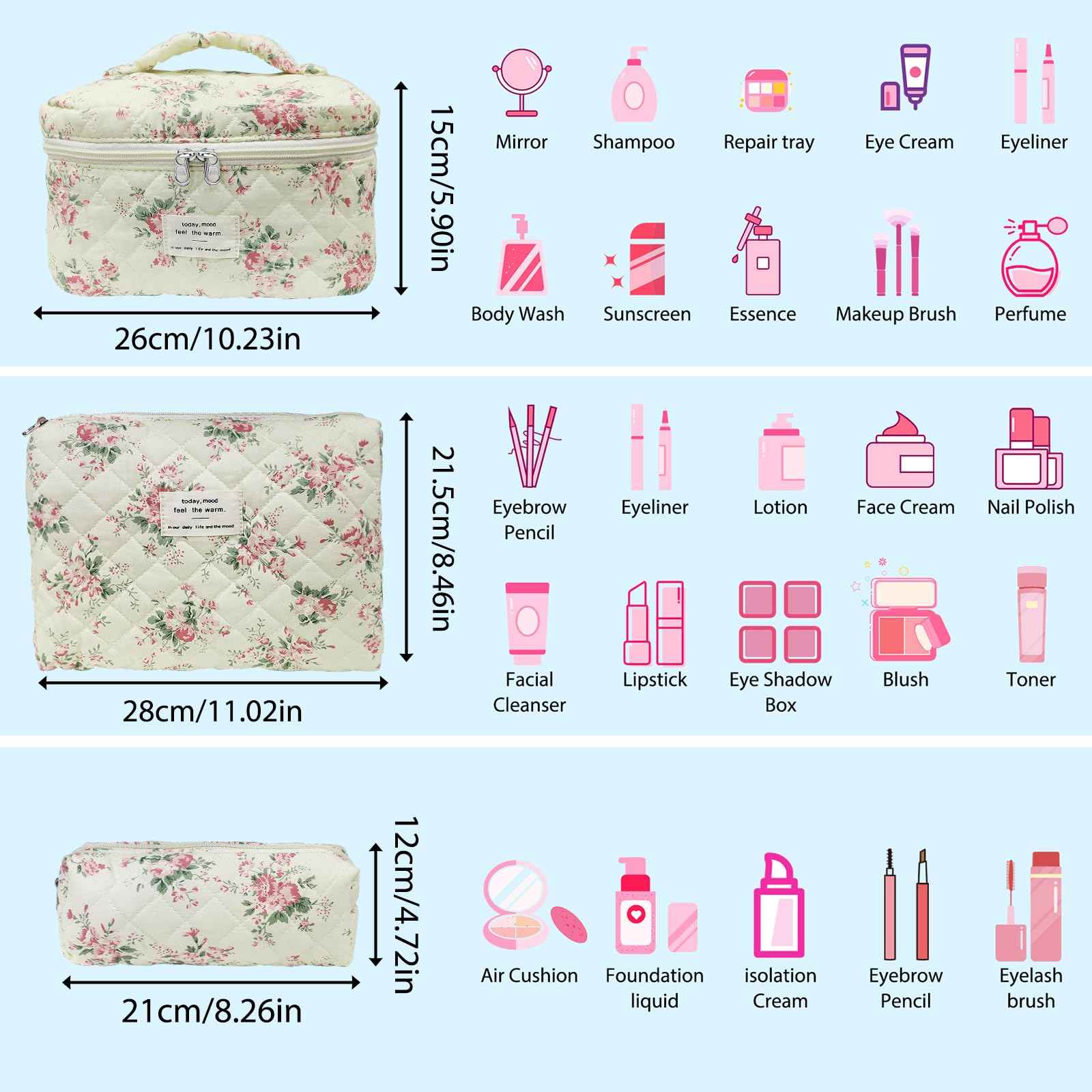 Quilted Makeup Bag, Large Capacity Travel Cosmetic Bag for Women and Girls, Aesthetic Storage, Suitable for Daily and Travel Use (3pcs-PinkRose)