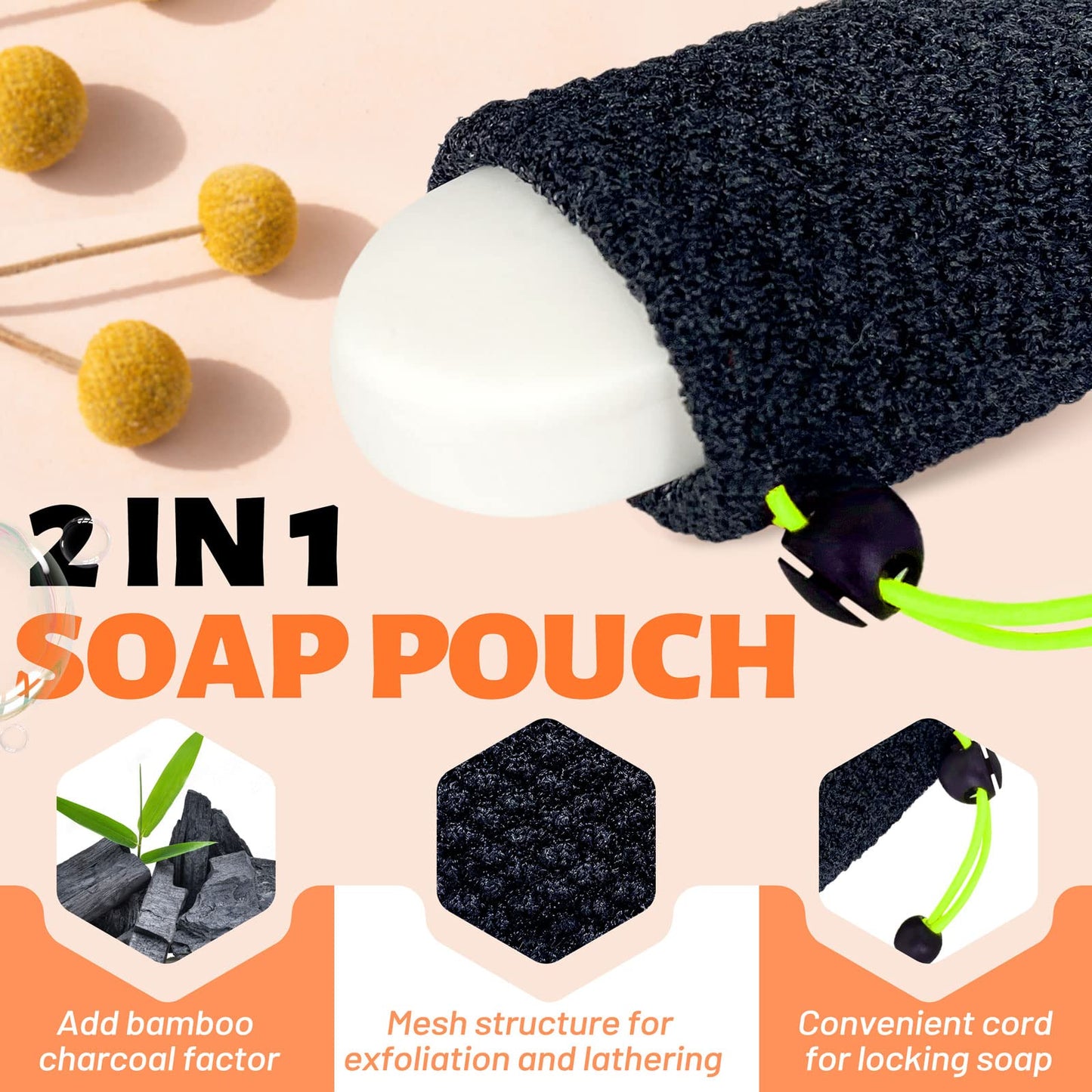 MIG4U Exfoliating Soap Bag for Shower 2 Pieces - Bar Soap Saver Pouch, Bamboo Body Scrubber Exfoliator Pocket in Travel Bathing, Black