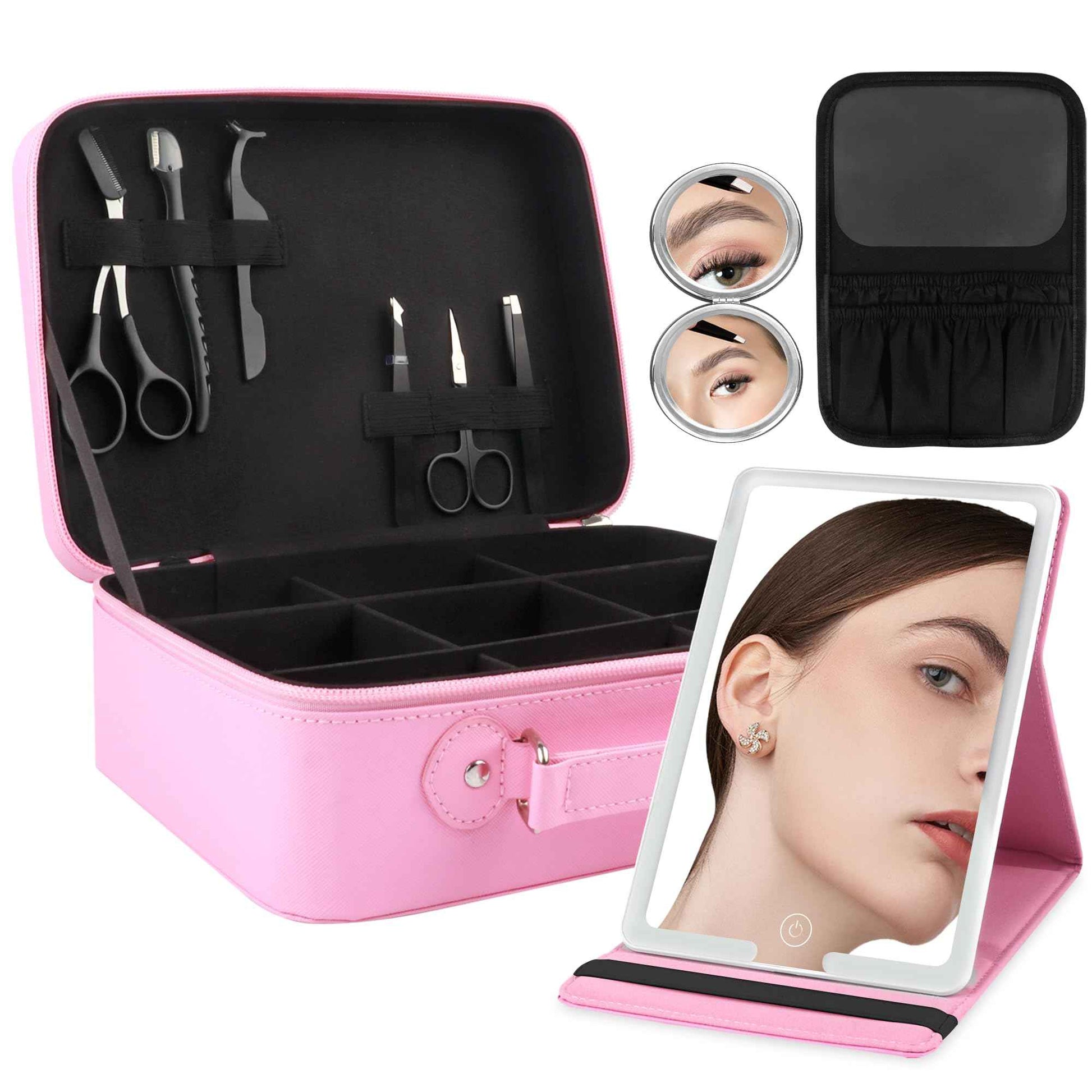 WangSelect Travel Makeup Bag with Light-up Mirror Portable Cosmetic Organizer Train Case with Adjustable Dividers & Brushes Holder &1X/10X Magnifying Compact Mirror & Eyebrow Trimmer- Pink