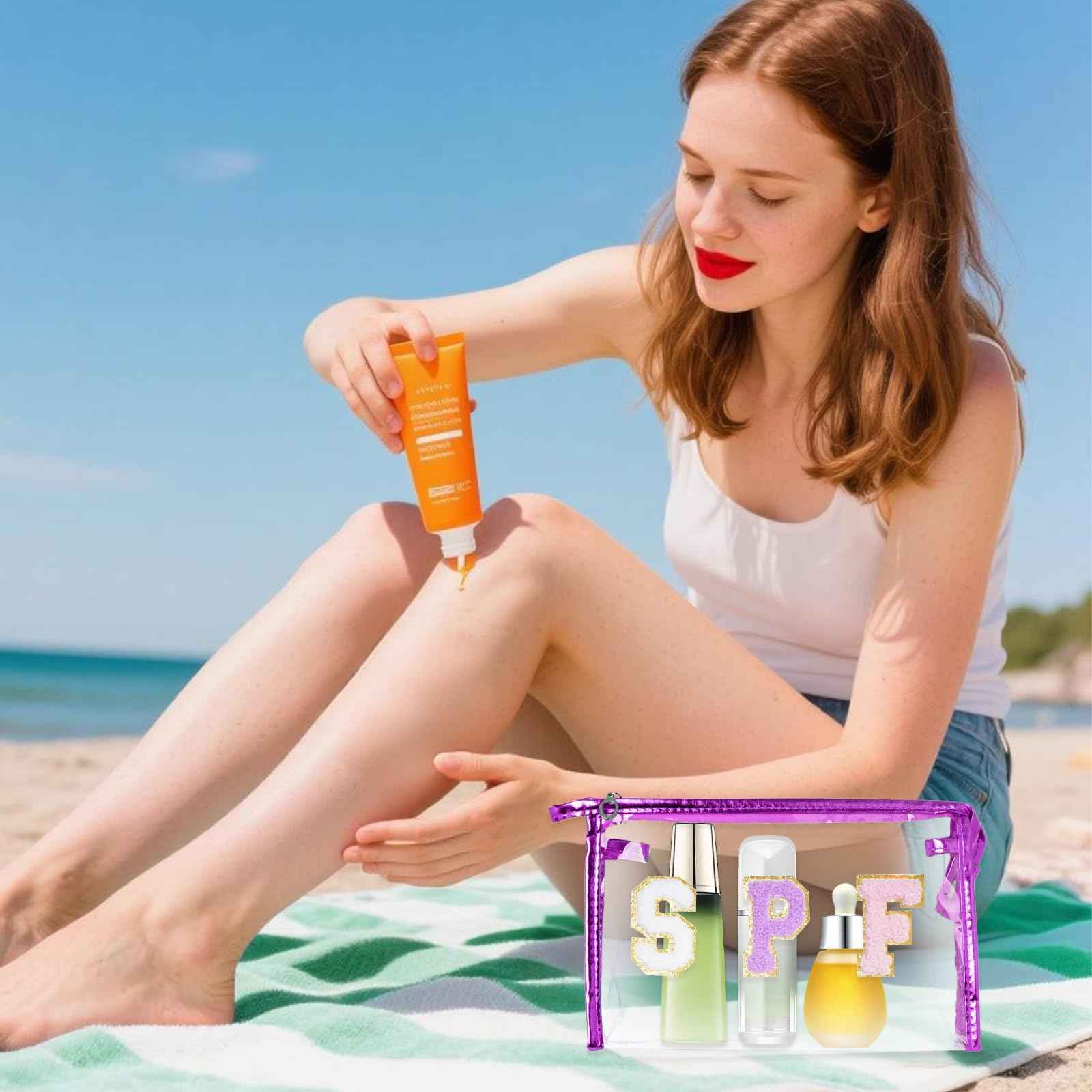 Hmxpls Clear Preppy Patch Makeup Bag, SPF Chenille Letter Bag for Beach, Clear Pouch with Zipper, Preppy Travel Bags Cosmetic Toiletry Bag for Women Girls Teens (Purple)