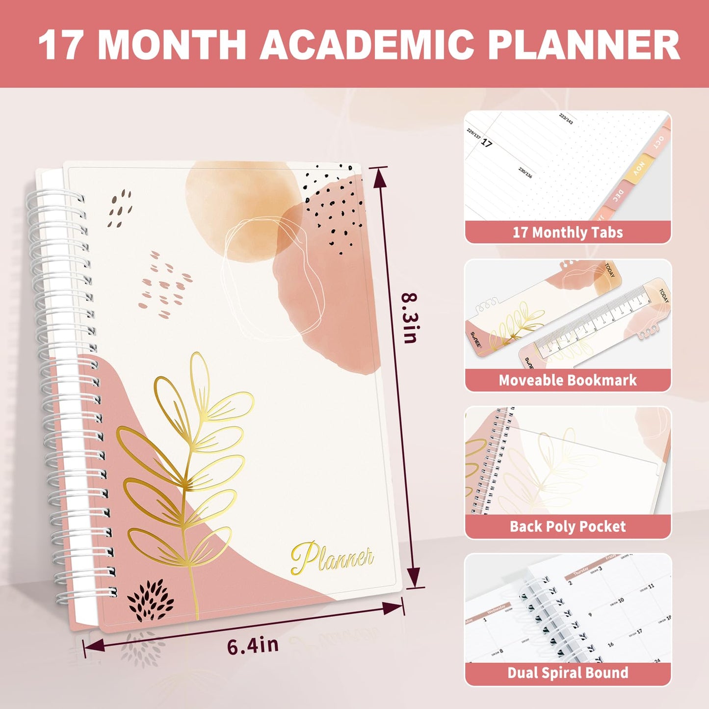 SUNEE Academic Planner 2024-2025 Weekly and Monthly - from August 2024 - December 2025, 6.4"x8.3" School Year Calendar Daily Planner with Monthly Tab, Flexible Cover, Note Pages, Pockets, Bookmark, Spiral Binding, Blushing Abstract Breeze