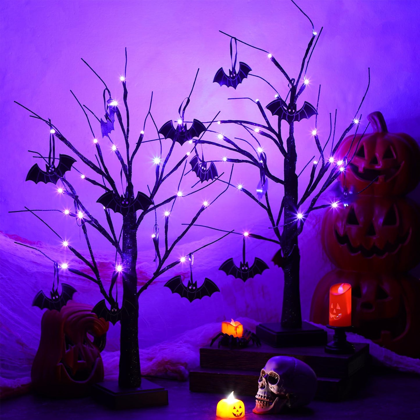 Retisee 2 Set Halloween Tree Decoration with 24 Purple Orange LED Light 16 Bats 2 ft Light up Halloween Table Centerpiece Black Glitter Spooky Battery Powered Timing Tree for Halloween Tabletop Indoor