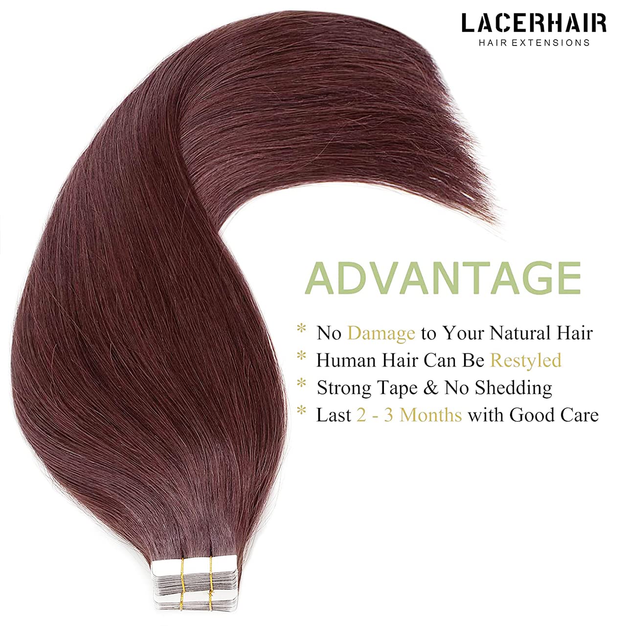 Lacer Natural Human Hair Tape in Extensions Invisible Double Sided Straight Red Wine Burgundy #99J Glue In Hair Extensions Human Hair 50g 20pcs 18 Inch