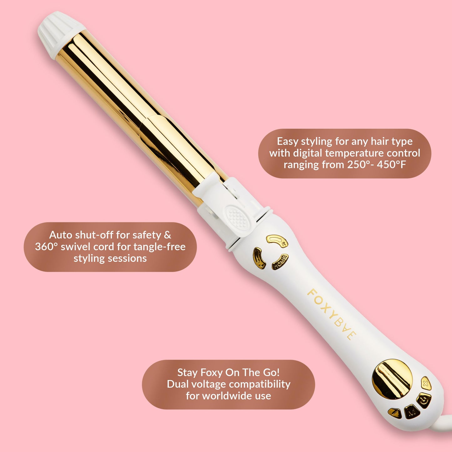 FoxyBae Automatic Curling Iron - Professional Auto Rotating Hair Curler Wand for Long Hair w/Temp Control -1.25” Titanium Hot Hair Styling Tools for Silky Curls - Self Hair Curlers [Pearl White-Gold]