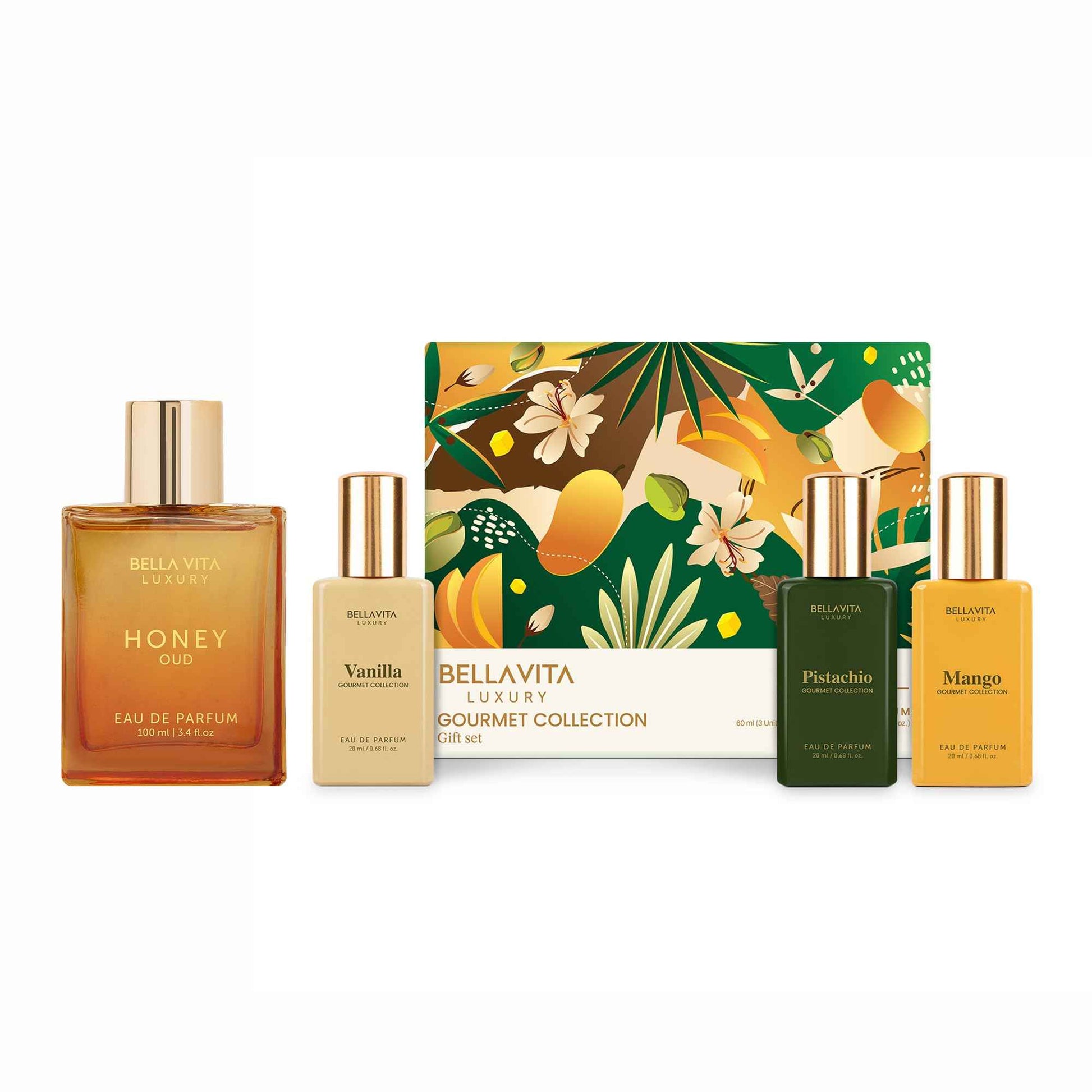 Candy kiss by BellaVita Luxury | 100ml+(3x20ml) Perfume Set | Luxury Unisex Fragrance Combo with Sweet & Spicy Notes | Honey Oud & Vanilla, Mango, Pista EDP| Long-Lasting, Premium Gift for Men & Women