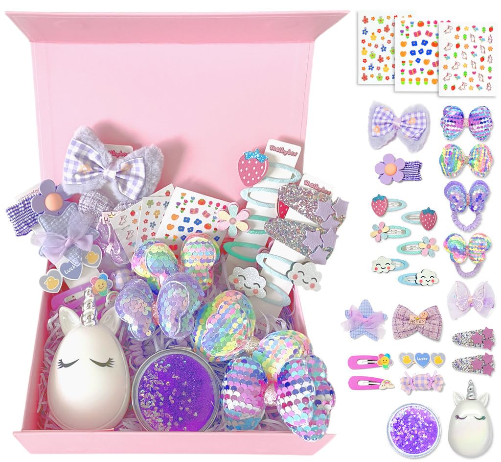 Hair Accessories Gift Set for Kids Purple Hair Clips Barrettes Ponytail Ties Bows Headbands with Mirror Unicorn Comb Gift Box for Daughter Teens Childs Little Girls