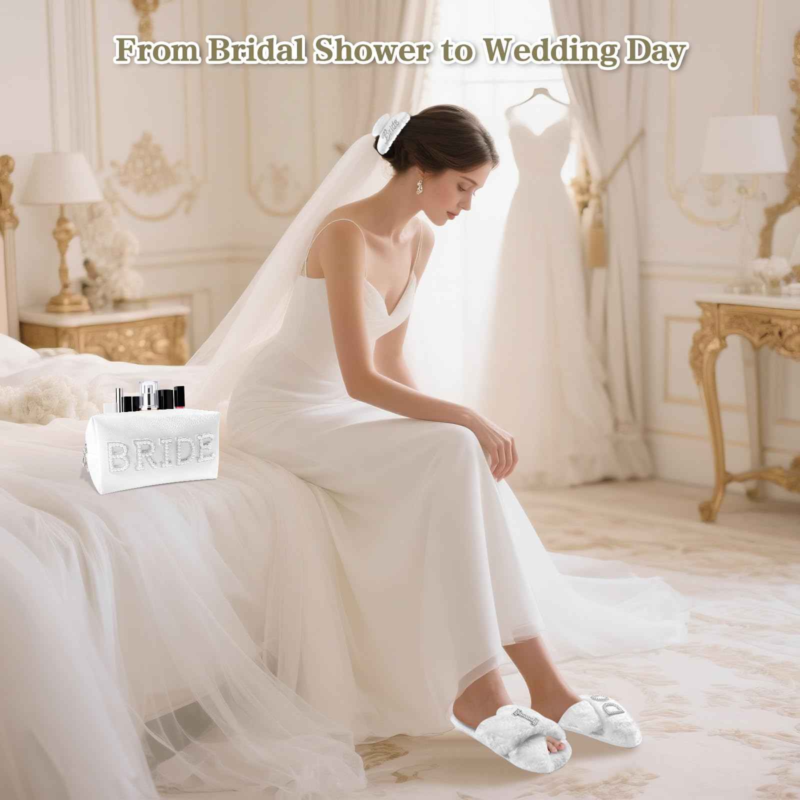 Zeokiar Bridal Shower Gifts, Bride To Be Gift Set, Wedding Gifts for Bride, Bachelorette Gifts for Bride, Engagement Gift for Her, Bachelor Party Christmas Gifts, Makeup Bag, I DO Slippers, Hair Clip