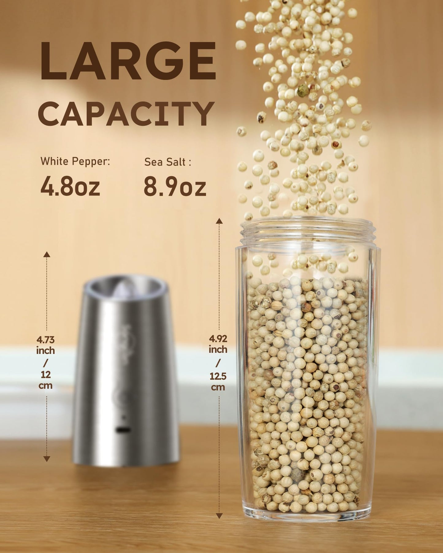 Sangcon Gravity Electric Salt and Pepper Grinder Set Shaker 𝐔𝐩𝐠𝐫𝐚𝐝𝐞𝐝 Rechargeable 9oz XL Capacity - USB-C No Battery Needed One Hand Operation Adjustable Coarsenes Automatic Mill