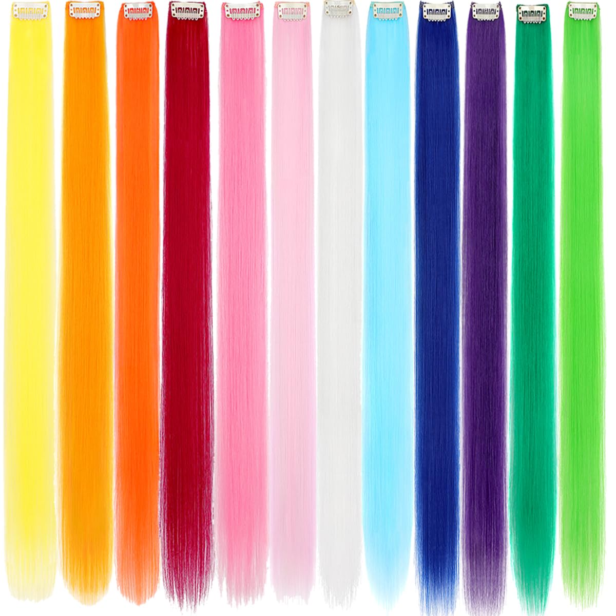 Colored Clip in Hair Extensions 24 Inch Rainbow Hair Synthetic straight Hair Extensions for Women Girls Kids Gift Multi-Colors Party Hairpiece Bright Yellow