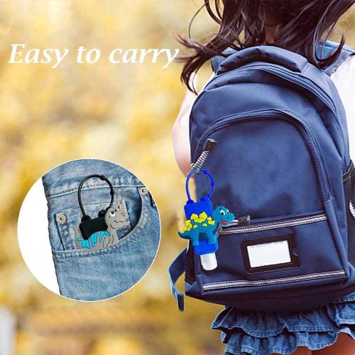 4Pcs Cartoon Kids Empty Travel Bottles Hand Sanitizer Holder with Silicone Case Keychain Carrier, Leak Proof Refillable Portable Travel Containers for Liquid Soap, Lotion (Dinosaur)